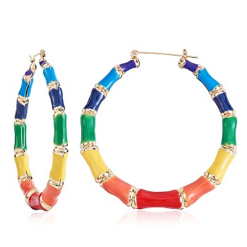Enamel Bamboo Big Hoop Earrings, Gold Plated Alloy Jewelry for Women, Colorful, 73mm, Pin: 0.8mm
