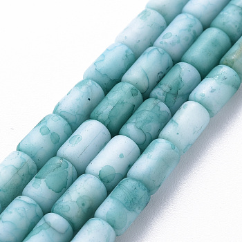 Opaque Baking Painted Crackle Glass Beads Strands, Frosted, Column, Turquoise, 7.5x4.5mm, Hole: 1mm, about 49pcs/strand, 18.31 inch(46.5cm)