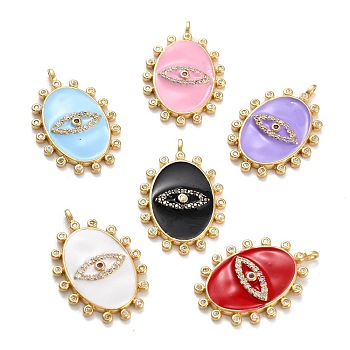 Golden Plated Brass Micro Pave Clear Cubic Zirconia Pendants, with Enamel, Long-Lasting Plated, Oval with Eye, Mixed Color, 26x17x2.5mm, Hole: 1.8mm