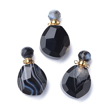 Faceted Natural Black Onyx Pendants, Openable Perfume Bottle, with Brass Findings, Golden, 38~39x22.5~23x12.5~13mm, Hole: 1.8mm, Capacity: 1~2ml(0.03~0.06 fl. oz)