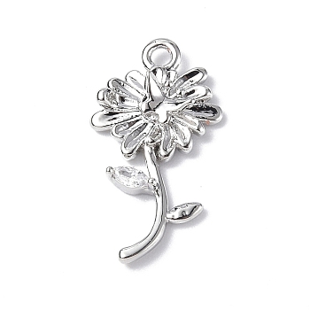 Brass Micro Pave Cubic Zirconia Pendants, Daisy Flower Charm, Real Platinum Plated, 17.5x10x3mm, Hole: 1.4mm