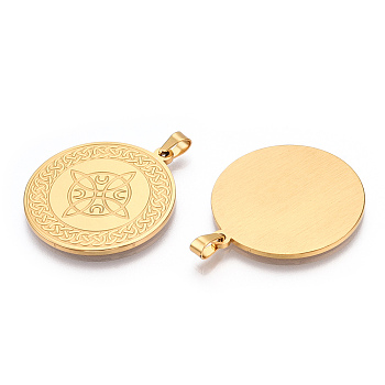 304 Stainless Steel Pendants, Flat Round with Knot Charm, Golden, 33x30x2mm, Hole: 4x3mm