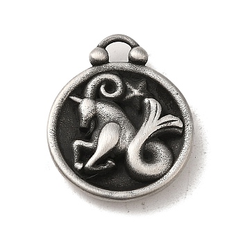 304 Stainless Steel Pendants, Flat Round with Constellations Charm, Antique Silver, Capricorn, 20.5x17x3mm, Hole: 2.5x2mm