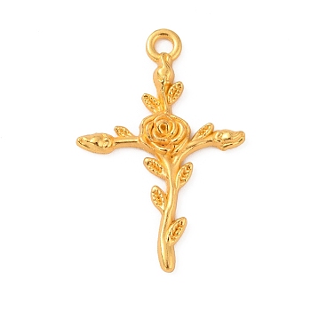 Tibetan Style Alloy Pendants, Cross with Rose Charm, Golden, 34.5x23x3mm, Hole: 2.5mm