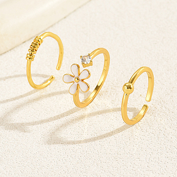 3Pcs 3 Style Brass Open Cuff Rings Set, Cubic Zirconia & Enamel Flower Stackable Rings, Real 18K Gold Plated, Inner Diameter: 14~17mm, 1Pc/style