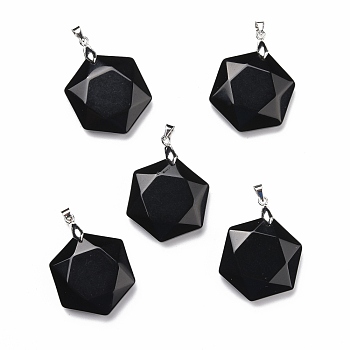Natural Obsidian Pendants, with Platinum Tone Brass Findings, Faceted, Hexagon, 37x24x10mm, Hole: 4x4mm