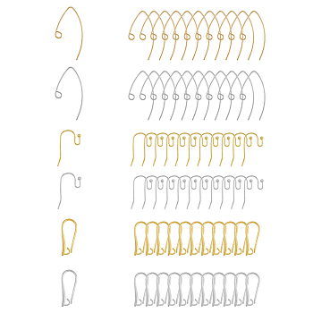 72Pcs 6 Style Brass Earring Hooks, Ear Wire, with Horizontal Loop, Platinum & Golden, 20.5~29x8.5~15mm, Hole: 2mm, Pin: 0.6~0.7mm, 12pcs/style