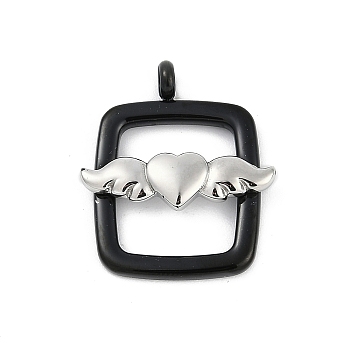 304 Stainless Steel Pendants, Rectangle with Heart and Wing Charm, Black, 24.5x21x4.5mm, Hole: 3mm