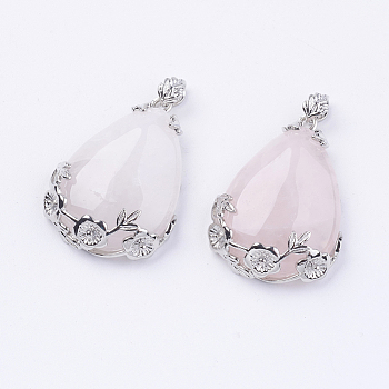 Teardrop with Flower Platinum Plated Brass Natural Rose Quartz Pendants, Cadmium Free & Lead Free, 38x27x9mm, Hole: 4x7.5mm