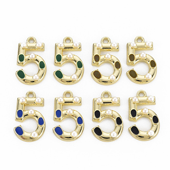 Rack Plating Alloy Enamel Pendants, with ABS Plastic Imitation Pearl, Light Gold, Cadmium Free & Nickel Free & Lead Free, Number 5, Mixed Color, 21.5x12.5x4.5mm, Hole: 2mm