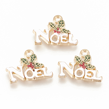 Alloy Enamel Pendants, Christmas Holly Leaves with Word Noel, Dark Olive Green, Light Gold, 14x19x3mm, Hole: 1.8mm