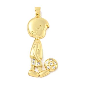 Rack Plating Brass Micro Pave Clear Cubic Zirconia Pendants, Long-Lasting Plated, Cadmium Free & Lead Free, Real 18K Gold Plated, Boy with Football, Boy, 48x18x4mm, Hole: 4x5mm