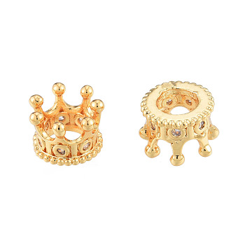 Brass Micro Pave Cubic Zirconia Beads, Crown, Large Hole Beads, Nickel Free, Real 18K Gold Plated, 8x8x5.5mm, Hole: 5.5mm