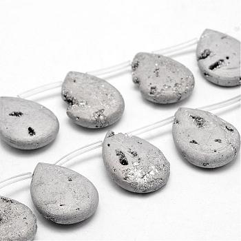 Electroplated Natural Quartz Crystal Beads Strands, Top Drilled Beads, Druzy Geode Crystals, Teardrop, Silver Plated, 29~30x22x8mm, Hole: 1.5mm, about 6pcs/strand, 6.2 inch