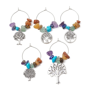 Alloy Tree of Life Wine Glass Charm, with Chakra Gemstone Chips, Antique Silver, 50~64mm, Inner Diameter: 24mm