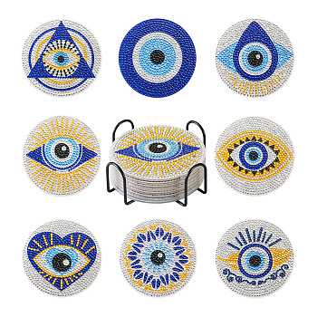 DIY Diamond Painting Evil Eye Theme Cup Mat Kits, with Cork, Coster Holder, Resin Rhinestones, Diamond Sticky Pen, Tray Plate and Glue Clay, Mixed Color, Box: 125x125x78mm