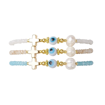 Glass Beaded Bracelets, with Pearl Pendants, Cross, Inner Diameter: 2-1/8~3 inch(5.45~7.7cm), 3pcs/set