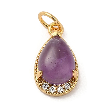 Natural Amethyst Teardrop Charms, with Rack Plating Brass Micro Pave Clear Cubic Zirconia Findings and Jump Ring, Cadmium Free & Lead Free, Real 18K Gold Plated, 13.5x8x5.5mm, Hole: 3.5mm