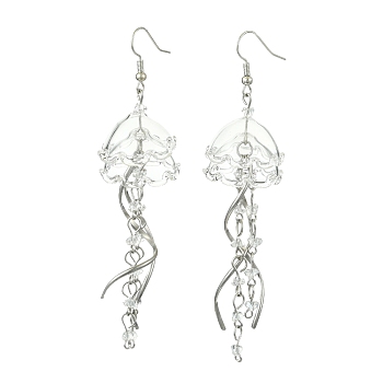 Iron Dangle Earrings, with Glass & 304 Stainless Steel Pendnat, Flower, Platinum, Clear, 90mm