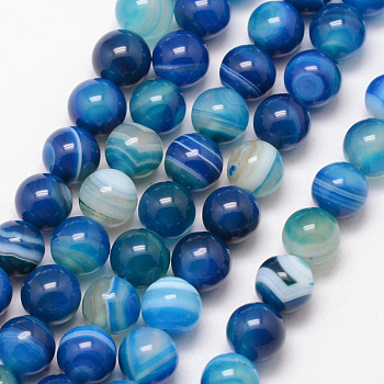 Natural Striped Agate/Banded Agate Bead Strands, Round, Grade A, Dyed & Heated, Deep Sky Blue, 8mm, Hole: 1mm, about 47pcs/strand, 15 inch