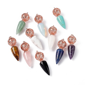 Natural & Synthetic Mixed Stone Big Pendants, Cone Charms with Rack Plating Brass Hollow Ball, Rose Gold, Cadmium Free & Lead Free, 57~58x17.5~18mm, Hole: 8x5mm