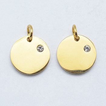316 Surgical Stainless Steel Pendants, with Cubic Zirconia, Flat Round, Clear, Real 18K Gold Plated, 12x2mm, Hole: 3mm