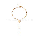 Rosary Bead Bracelets with Cross, 201 Stainless Steel Bracelet for Easter, 304 Stainless Steel Clasps, Flat Round with Virgin Mary, Golden, 8-1/8 inch(20.5cm)(BJEW-E282-02G)