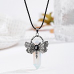 Bohemian Opalite Pointed Stainless Steel Dragonfly Pendant Black PU Leather Necklaces, Stainless Steel Color, 17.32 inch(44cm)(LW6425-7)