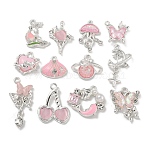 Alloy Rhinestone & Enamel Pendants, with ABS Imitation Pearls and Resin, Lead Free & Cadmium Free, Silver, Mixed Shapes, Pink, 13~30x13~17.5x3.5~8mm, Hole: 1~2mm, 24pcs/set(PALLOY-F312-02S)