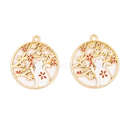 Rack Plating Alloy Enamel Pendants, Golden, Flat Round with Cat & Flower Charm, Red, 28x25x1.5mm, Hole: 2mm(FIND-A040-07A-01G)