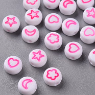 White Opaque Acrylic Beads, Flat Round with Heart & Flower & Moon & Star, Hot Pink, 7x4mm, Hole: 1.6mm(MACR-N008-41E)