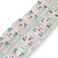 Handmade Lampwork Beads Strands, with Enamel, Square with Snowman Pattern, Clear, 14x14.5~15.5x6mm, Hole: 1.6mm, about 25pcs/strand, 14.25 inch(36.2cm)(LAMP-F029-02C)