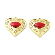 Brass Micro Pave Clear Cubic Zirconia Pendants, with Enamel, Real 18K Gold Plated, Heart with Horse Eye Charms, FireBrick, 20x21x4mm, Hole: 1.8mm(KK-F871-06G-02)