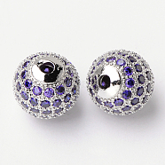Brass Cubic Zirconia Beads, Round, Purple, Platinum, 10mm(ZIRC-D009-01P)