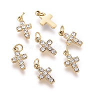 316 Surgical Stainless Steel Tiny Cross Charms, with Rhinestone and Jump Rings, Golden, Crystal, 8.5x5x1.5mm, Hole: 1.6mm(STAS-F256-023D-G)