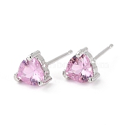 Dainty Heart Pink Cubic Zirconia Stud Earrings for Her, Cadmium Free & Lead Free, Platinum, 7x7.5x4.5mm, Pin: 0.8mm(EJEW-C002-11P-RS)