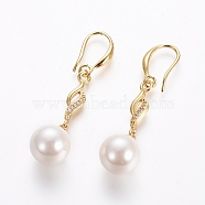 Brass Dangle Earrings, with Clear Cubic Zirconia and Shell Pearl, Long-Lasting Plated, Golden, 43.5mm, Pin: 1mm(EJEW-E196-04G)