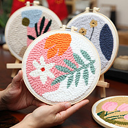 DIY Punch Embroidery Starter Kit, Including Fabric, Yarns, Punch Needle, Embroidery Hoop, Flower Pattern, 200x200mm(BOHO-PW0001-073D)