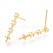 925 Sterling Silver Stud Earring Findings Micro Pave Cubic Zirconia, for Half Drilled Beads, with S925 Stamp, Cuboid, Real 18K Gold Plated, 15.5x3x2mm, Pin: 0.7×12mm, Tray:3mm.(STER-T007-19G)