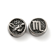 304 Stainless Steel Beads, Flat Round with Twelve Constellations, Antique Silver, Scorpio, 10x4mm, Hole: 1.8mm(STAS-H156-01C)