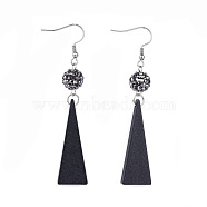 Polymer Clay Rhinestone Dangle Earrings, with Pear Wood Pendants and 304 Stainless Steel Earring Hooks, Hematite, 74~76mm, Pin: 0.6mm(EJEW-JE03140-02)