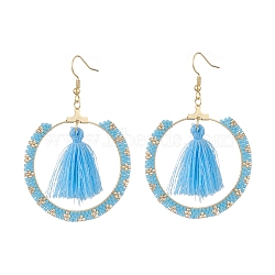 Glass Seed Braided Ring & Polycotton Tassel Dangle Earrings, Golden 304 Stainless Steel Jewelry for Women, Deep Sky Blue, 67~69mm, Pin: 0.7mm(EJEW-MZ00051)