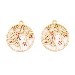Rack Plating Alloy Enamel Pendants, Golden, Flat Round with Cat & Flower Charm, Red, 28x29x1.5mm, Hole: 2mm(FIND-A040-07A-01G)