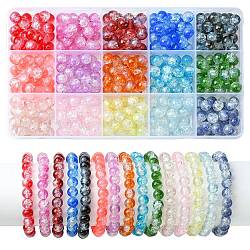 375Pcs 15 Colors Transparent Crackle Baking Painted Glass Beads Sets, Imitation Opalite, Round, Mixed Color, 8.5x7.5mm, Hole: 1.5mm, 25pcs/color(DGLA-FS0001-05)