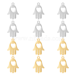 Unicraftale 12Pcs 2 Colors 201 Stainless Steel Pendants, Manual Polishing, Hamsa Hand/Hand of Miriam with Heart, Mixed Color, 18x12x1.5mm, Hole: 1.2mm, 6pcs/color(STAS-UN0029-06)