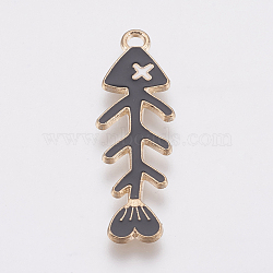 Zinc Alloy Enamel Pendants, Fishbone, Golden, Black, 35x11x1.2mm, Hole: 1.8mm(PALLOY-I124-20G-B)