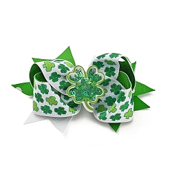 Saint Patrick's Day Bowknot Polyester & Iron Alligator Hair Clips, Acrylic Charms Hair Accessories for Girls or Women, Clover, 137x107x48.5mm, Clover: 42.5x34.5x3.5mm(OHAR-H011-02A)