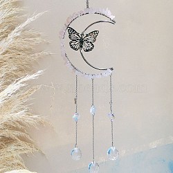 Natural Rose Quartz Chip Wrapped Moon with Butterfly Hanging Ornaments, Glass Teardrop Tassel Suncatchers for Home Outdoor Decoration, 400mm(PW-WG67734-02)