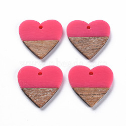 Opaque Resin & Walnut Wood Pendants, Two Tone, Heart, Hot Pink, 24x25x3mm, Hole: 2mm(RESI-T035-36C)