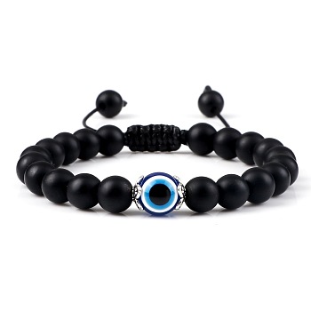 Evil Eye Beaded Bracelets, Round Natural Obsidian Adjustable Bracelets for Women